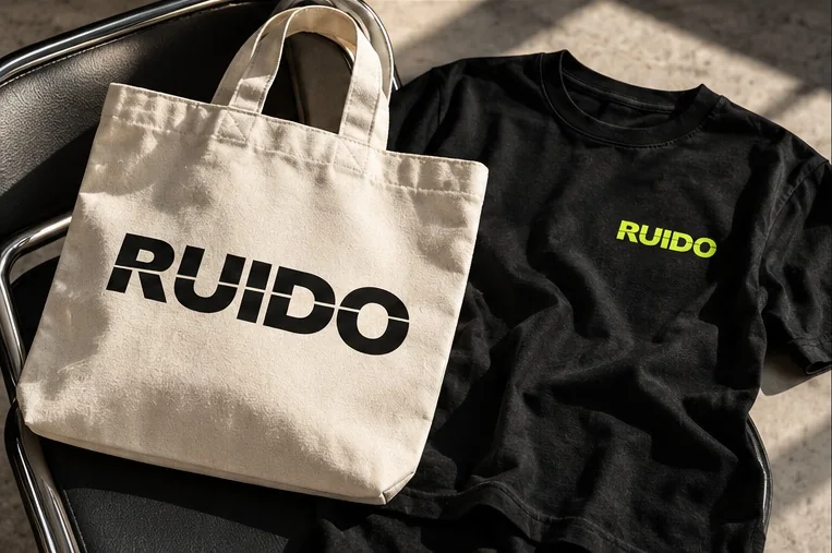 Visualización conceptual de una bolsa de lona clara y una remera negra con el logo de RUIDO.